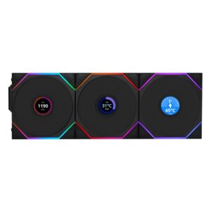 Kit de 3 Ventiladores Lian Li UNI FAN TL LCD – 120 mm con Pantalla LCD, Conexión Modular y Hub Incluido - Negro
