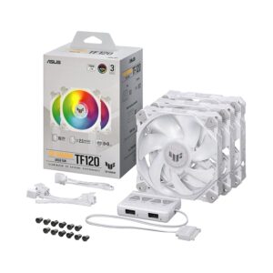 Kit de 3 Abanicos ASUS TUF Gaming TF120 ARGB 120 mm – Blanco, PWM, ARGB, Alto Flujo de Aire, Controlador Incluido
