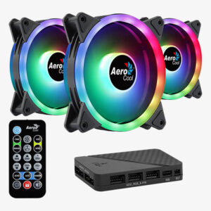 Kit de 3 Abanicos Aerocool Duo 12 Pro 120 mm – ARGB, Doble Anillo LED, Controlador y Control Remoto Incluidos, Negro