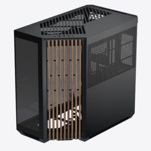 Gabinete Mid Tower APNX V1 Dual-Chamber (Wood Edition) – Sin Ventiladores Incluidos, Acabado en Madera, Vidrio Panorámico, Soporte 10 Ventiladores, Radiador 360 mm, USB-C, Blanco o Negro - Negro
