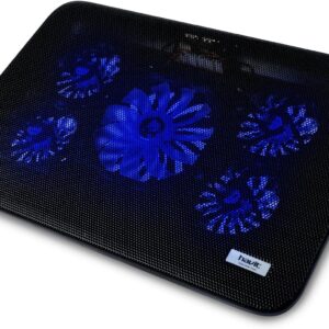 Havit HV-F2067 | Cooling Pad para Laptops de 12" a 17" | 5 Ventiladores Silenciosos con LED | Doble Altura Ajustable | Superficie Metálica | Negro con Azul