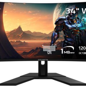 Monitor Gaming Curvo GIGABYTE GS34WQC | 34 Pulgadas | Resolución UltraWide QHD (3440 x 1440) | Tasa de Refresco 120Hz (OC 135Hz) | Tiempo de Respuesta 1ms (MPRT) | Curvatura 1500R | Negro