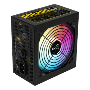 Fuente de Poder AeroCool Dorado 850W | Certificación 80 Plus Gold | Iluminación ARGB | Condensadores Japoneses de 105°C | Diseño No Modular | Negro