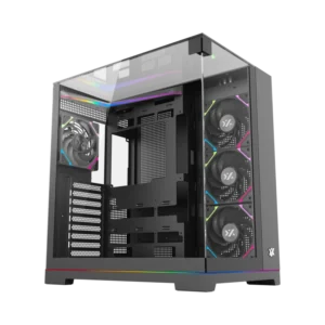 Gabinete Gamer XYZ TESSERACT | Diseño Panorámico 3D | 4 Ventiladores VORTEX ARGB | USB Tipo-C | Soporte BTF (Conectores Traseros) - Negro