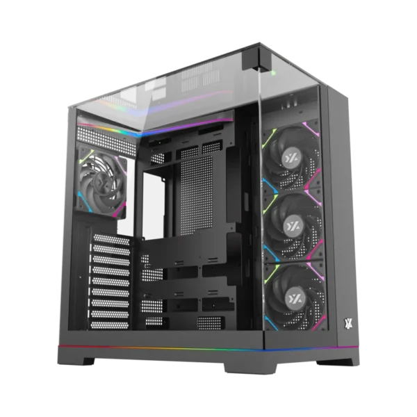 Gabinete Gamer XYZ TESSERACT | Diseño Panorámico 3D | 4 Ventiladores VORTEX ARGB | USB Tipo-C | Soporte BTF (Conectores Traseros)