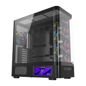Gabinete Gamer XYZ QUANTUM PRO | Pantalla Inteligente 6.2" | Vidrio Curvo | 4 Ventiladores VORTEX ARGB | Soporte BTF y Radiador 420mm - Negro
