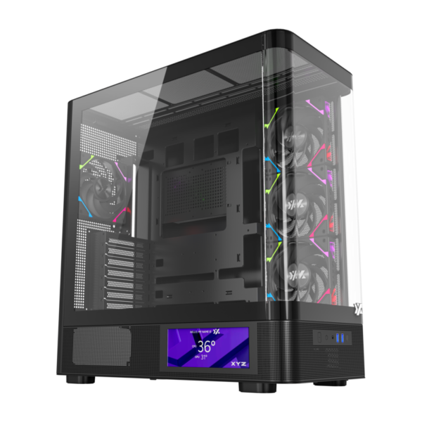 Gabinete Gamer XYZ QUANTUM PRO | Pantalla Inteligente 6.2" | Vidrio Curvo | 4 Ventiladores VORTEX ARGB | Soporte BTF y Radiador 420mm