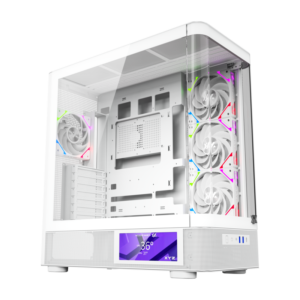 Gabinete Gamer XYZ QUANTUM PRO | Pantalla Inteligente 6.2" | Vidrio Curvo | 4 Ventiladores VORTEX ARGB | Soporte BTF y Radiador 420mm - Blanco