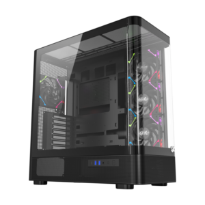Gabinete Gamer XYZ QUANTUM | Diseño Aerodinámico de Vidrio Curvo | 4 Ventiladores VORTEX ARGB | Soporte BTF y Radiador 420mm - Negro