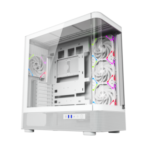 Gabinete Gamer XYZ QUANTUM White | Diseño Aerodinámico de Vidrio Curvo | 4 Ventiladores VORTEX ARGB | Soporte BTF y Radiador 420mm - Blanco