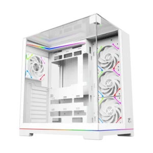 Gabinete Gamer XYZ TESSERACT | Diseño Panorámico 3D | 4 Ventiladores VORTEX ARGB | USB Tipo-C | Soporte BTF (Conectores Traseros) - Blanco