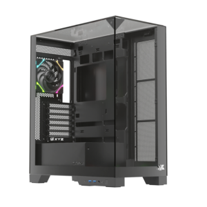 Gabinete Gamer XYZ TRIFECTA | 3 Paneles de Vidrio Templado | 2 Ventiladores VORTEX ARGB | Soporte BTF y GPU Vertical - Negro