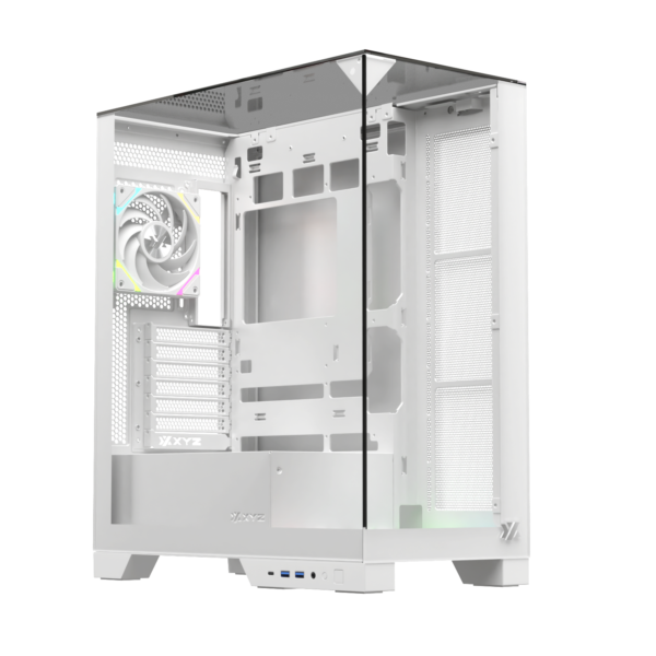 Gabinete Gamer XYZ TRIFECTA | 3 Paneles de Vidrio Templado | 2 Ventiladores VORTEX ARGB | Soporte BTF y GPU Vertical