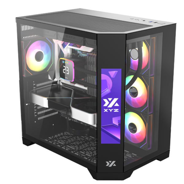 Gabinete Gamer XYZ NEUTRON | Pantalla LCD 8.8" Integrada | Diseño Panorámico Dual Chamber | 4 Ventiladores AURAX ARGB PWM