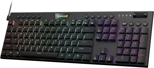 Teclado Mecánico Gaming Alámbrico Redragon Horus K619 RGB FS | Conexión por Cable USB-C Desmontable | Factor de Forma Completo (100%) | Diseño de Perfil Bajo (Low Profile) | Placa de Aluminio Anodizado | Acabado Negro