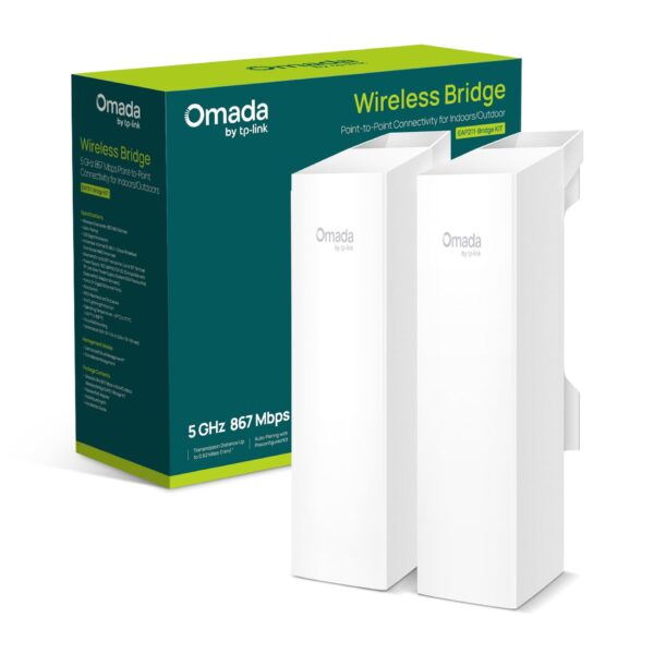 Kit de Puente Inalámbrico Exterior TP-Link Omada EAP211-Bridge KIT | Enlace Inalámbrico de Larga Distancia a 5 GHz | Velocidad de hasta 867 Mbps | 2 Puertos Gigabit | Alimentación PoE Pasivo | Gestión Centralizada Omada | Paquete de 2 Unidades