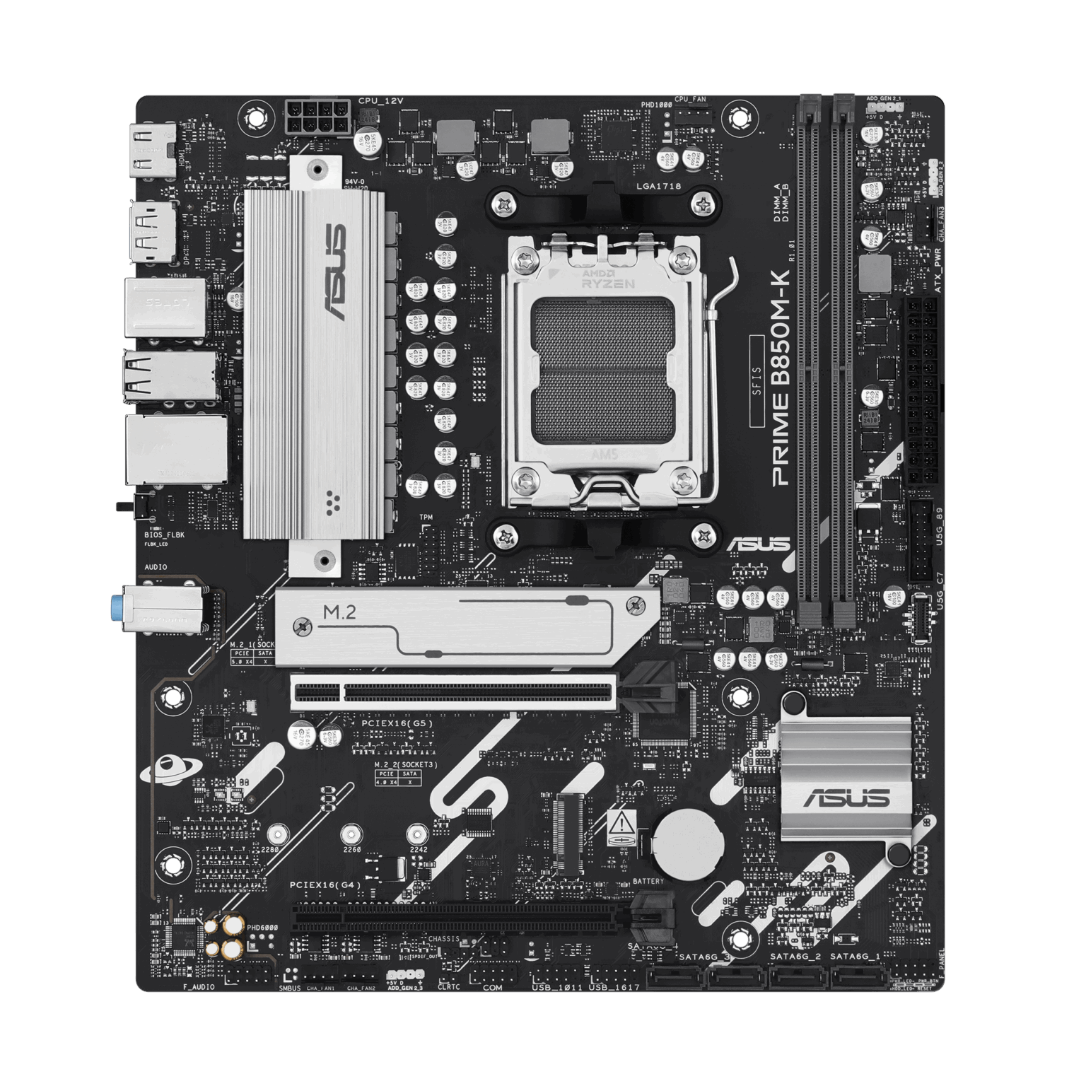 Motherboard ASUS Prime B850M-K | Socket AMD AM5 para Procesadores Ryzen | Chipset AMD B850 | Formato Micro-ATX | Soporte de Memoria DDR5 | Ranura PCIe 5.0 M.2 | Conectividad Realtek 2.5Gb Ethernet