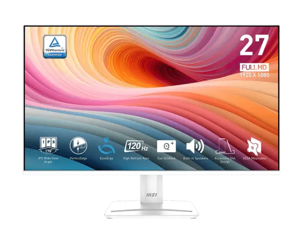 Monitor de Productividad MSI PRO MP275W E2 Blanco | Pantalla de 27 Pulgadas | Panel IPS con Resolución Full HD | Tasa de Refresco de 100Hz | Chasis y Base en Color Blanco | Altavoces Integrados | Montaje VESA