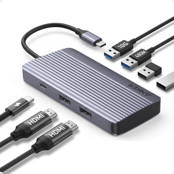 Hub USB-C 7 en 1 Anker con Doble Salida HDMI | Docking Station USB C Dual Monitor | Passthrough Carga Power Delivery 85W | Transferencia 10Gbps | SKU: A83740A2