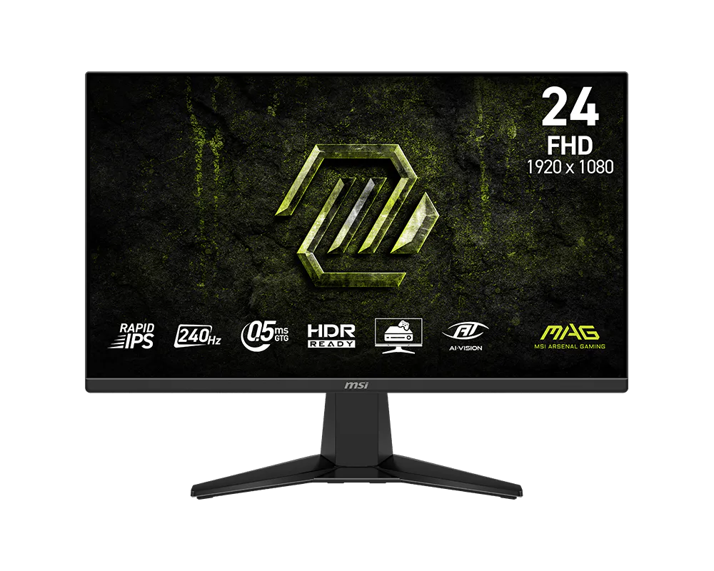 Monitor Gamer MSI MAG 245F X24 de 23.8 Pulgadas Full HD (1920x1080) | Panel Rapid IPS con Tasa de Refresco de 240 Hz y 0.5 ms (GtG, Mín.) | Tecnología HDR Ready y Wide Color Gamut | 2x Puertos HDMI 2.0b (FHD@240Hz) y 1x DisplayPort 1.2a | Salida de Audio Headphone-Out | Montaje VESA 100x100 | MSI MAG 245F X24
