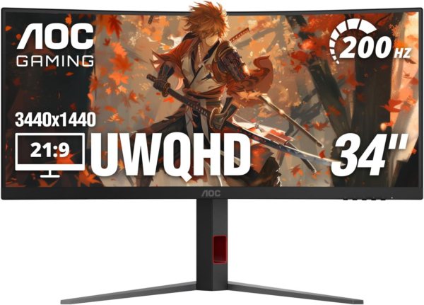 MONITOR GAMING AOC CU34G4H 34 PULG CURVA 3440X1440 WQHD 200HZ VA FREESYNC HDMI/DISPLAYPORT NEGRO

- Tamaño de pantalla: 34"
- Resolution: 3440x1440 QHD UltraWide
- Tipo de panel: VA
- Frecuencia de refresco: 200 Hz
- Tiempo de respuesta: 0.3 ms
- Conectividad: 2x HDMI, DisplayPort
- Compatibilidad con sincronización: FreeSync, sincronización adaptativa
- Curvatura: 1500R
- HDR: Listo para HDR
- Ajustes ergonómicos: Ajuste de altura
- Soporte VESA: Compatible con montaje VESA
- Ángulo de visión: 178 grados horizontal y 178 grados vertical
- Altavoces integrados: No