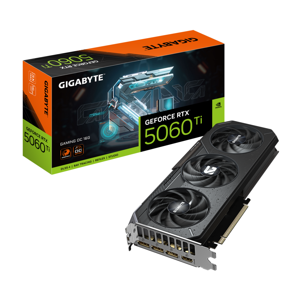 Tarjeta Gráfica GIGABYTE GeForce RTX 5060 Ti GAMING OC 16G | Arquitectura NVIDIA Blackwell | 4608 Núcleos CUDA | 16GB GDDR7 Bus de 128 bits (28Gbps) | Bus PCI-E 5.0 | Core Clock 2647MHz | Sistema de Enfriamiento WINDFORCE con Ventiladores Hawk | 3x DisplayPort 2.1b + 1x HDMI 2.1b | PSU Recomendada 650W | GV-N506TGAMING OC-16GD