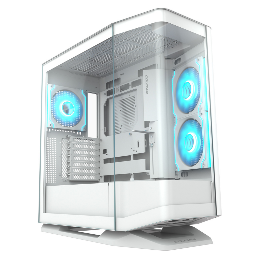 Gabinete Gamer Cougar FV270 RGB White | Cristal Templado Curvo Panorámico sin Pilares | Incluye 4 Abanicos ARGB PWM Preinstalados (3x Invertidos + 1x Trasero de 140 mm) | Compatible con Placas Base de Conectores Traseros | Soporta Radiadores de 360 mm y GPUs de 420 mm | Hub PWM/ARGB Integrado | Color Blanco | Cougar FV270 RGB White