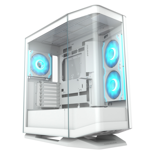 Gabinete Gamer Cougar FV270 RGB White | Cristal Templado Curvo Panorámico sin Pilares | Incluye 4 Abanicos ARGB PWM Preinstalados (3x Invertidos + 1x Trasero de 140 mm) | Compatible con Placas Base de Conectores Traseros | Soporta Radiadores de 360 mm y GPUs de 420 mm | Hub PWM/ARGB Integrado | Color Blanco | Cougar FV270 RGB White