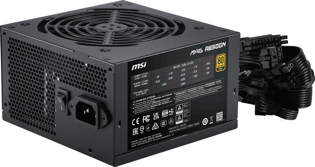 Fuente de Poder MSI MAG A650GN | 650W 80 Plus Gold | Corrección Activa de Factor de Potencia (Active PFC) | Ventilador Silencioso de 120 mm con Rodamiento de Cojinete Hidráulico | Topología DC-DC con Riel Único de +12V | Cables Planos Negros | Protecciones Eléctricas Industriales OVP, OCP, OPP, OTP, SCP, UVP