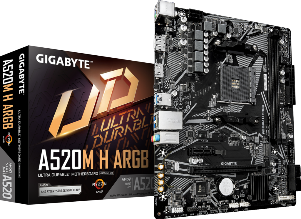 Tarjeta Madre Micro-ATX Gigabyte A520M H ARGB (rev. 1.0) Socket AM4 | Chipset AMD A520 | Compatible con Procesadores AMD Ryzen Series 5000, 4000 y 3000 | VRM Digital Puro de 4+3 Fases | Ranura M.2 PCIe 3.0 x4 NVMe | Conectores RGB y ARGB Direccionables con RGB FUSION 2.0 | LAN Gigabit para Gaming | Q-Flash Plus sin CPU | Salidas HDMI y DVI-D | A520M H ARGB