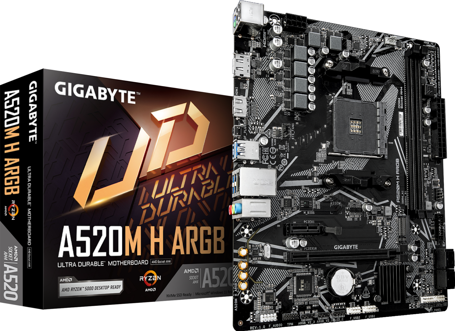 Tarjeta Madre Micro-ATX Gigabyte A520M H ARGB (rev. 1.0) Socket AM4 | Chipset AMD A520 | Compatible con Procesadores AMD Ryzen Series 5000, 4000 y 3000 | VRM Digital Puro de 4+3 Fases | Ranura M.2 PCIe 3.0 x4 NVMe | Conectores RGB y ARGB Direccionables con RGB FUSION 2.0 | LAN Gigabit para Gaming | Q-Flash Plus sin CPU | Salidas HDMI y DVI-D | A520M H ARGB