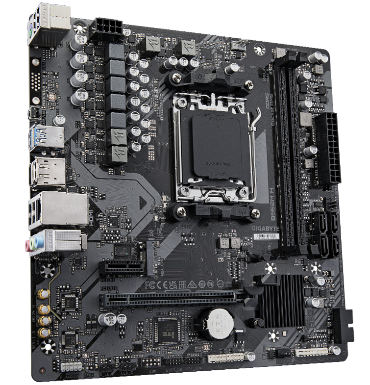 Tarjeta Madre Micro-ATX Gigabyte B650M H (rev. 1.0) Socket AM5 | Chipset AMD B650 | Compatible con Procesadores AMD Ryzen Series 9000, 8000 y 7000 | VRM Digital Puro de 5+2+2 Fases | Ranura M.2 PCIe 5.0 x4 NVMe | Memoria DDR5 hasta 6400+ MHz (OC) con EXPO y XMP | LAN Gigabit para Gaming | Q-Flash Plus sin CPU | Salidas HDMI y DisplayPort | Gigabyte B650M H