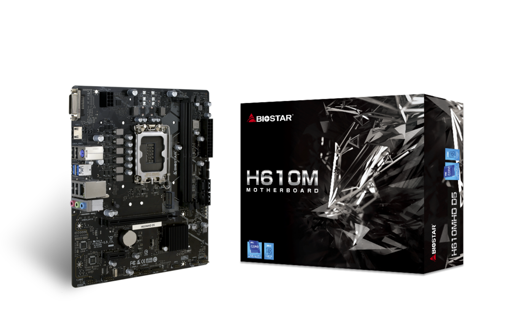 Tarjeta Madre Micro-ATX Biostar H610MHD D5  Socket LGA1700 | Chipset Intel H610 | Soporte para Procesadores Intel Core de 12.ª, 13.ª y 14.ª Generación | 2 Ranuras DDR5 hasta 5600 MT/s y 128GB con Soporte CUDIMM | Ranura M.2 PCIe 3.0 x4 (32Gb/s) NVMe/SATA | Ranura PCIe 4.0 x16 | Red Intel I219V Gigabit LAN | Salidas HDMI 4K y DVI | Biostar H610MHD D5
