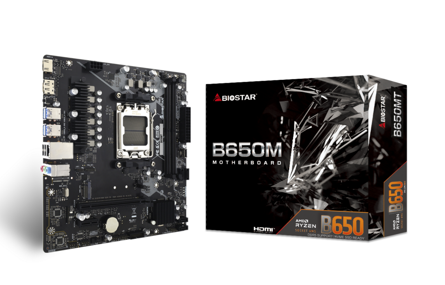 Tarjeta Madre Micro-ATX Biostar B650MT (Ver. 6.0) Socket AM5 | Chipset AMD B650 | Soporte para Procesadores AMD Ryzen Series 9000, 8000 y 7000 | 2 Ranuras DDR5 hasta 6000+(OC) MT/s y 128GB con AMD EXPO e Intel XMP | Ranura M.2 PCIe 4.0 x4 (64Gb/s) NVMe | Ranura PCIe 4.0 x16 | Cabezal Frontal USB 3.2 Gen2 Type-C | Red Realtek Gigabit LAN | Salidas HDMI 4K y DisplayPort
