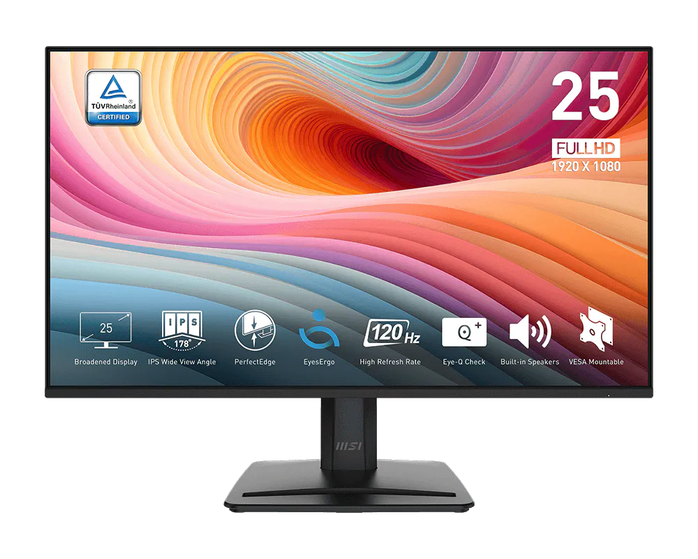 Monitor MSI PRO MP251 E2 de 24.5 Pulgadas Full HD (1920x1080) | Panel IPS PerfectEdge 120Hz y 4ms GTG | 1ms MPRT | HDR Ready | Adaptive-Sync 48-120Hz | Contraste Dinámico 100,000,000:1 | Altavoces 2x2W | 1x DisplayPort 1.4a + 1x HDMI 2.0 + 1x D-Sub | Kensington Lock | 9S6-3PD2CM-009