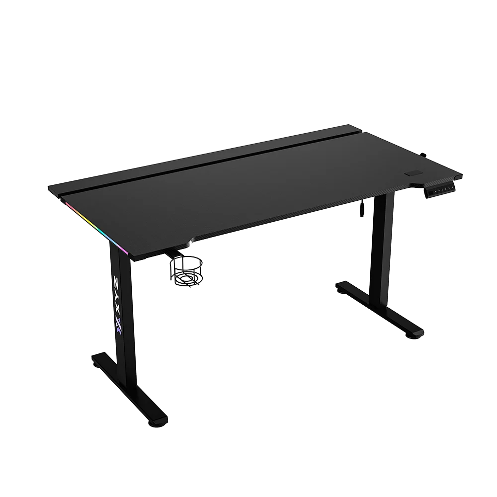 Escritorio Eléctrico Ajustable XYZ PRO X de 140x60cm | Sistema de Elevación Monomotor 720-1200mm | Capacidad de Carga hasta 60kg | Superficie Melamina Acabado Fibra de Carbono 18mm | Iluminación RGB de 3 Lados Táctil | Velocidad de Ajuste 25mm/s | Control con Memorias | Color Negro