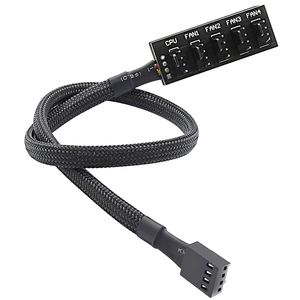 Hub Divisor de Ventiladores PWM de 1 a 5 Puertos ThreeBulls | Cable Adaptador Splitter para Abanicos de PC de 4 Pines y 3 Pines | Cubierta con Enmallado Trenzado de Nailon Negro de 40 cm | Respaldo Adhesivo 3M para Chasis | Alimentación y Control de Velocidad Centralizado | ThreeBulls 5-Way Fan Splitter Hub