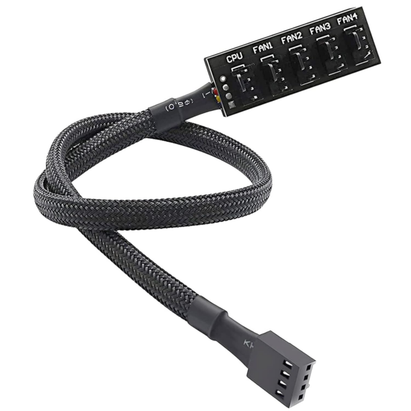 Hub Divisor de Ventiladores PWM de 1 a 5 Puertos ThreeBulls | Cable Adaptador Splitter para Abanicos de PC de 4 Pines y 3 Pines | Cubierta con Enmallado Trenzado de Nailon Negro de 40 cm | Respaldo Adhesivo 3M para Chasis | Alimentación y Control de Velocidad Centralizado | ThreeBulls 5-Way Fan Splitter Hub