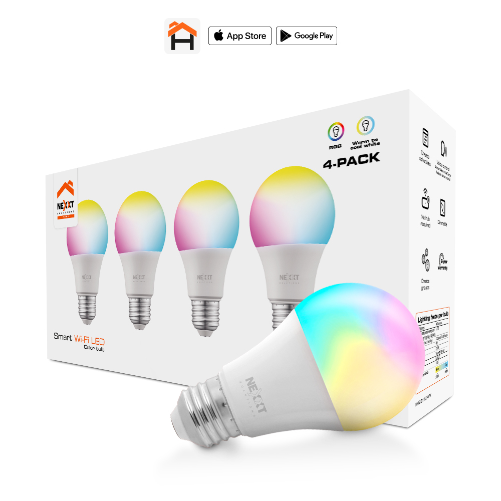 Bombillo LED Inteligente Nexxt NHB-C110 (Pack de 4) | Wi-Fi 802.11n | RGB Multicolor Regulable | 9W (Equivalente a 60W) | 800 Lúmenes | Base E26/E27 Formato A19 | Compatible con Amazon Alexa, Google Assistant y Siri | App Nexxt Solutions Home | Sin Hub Requerido