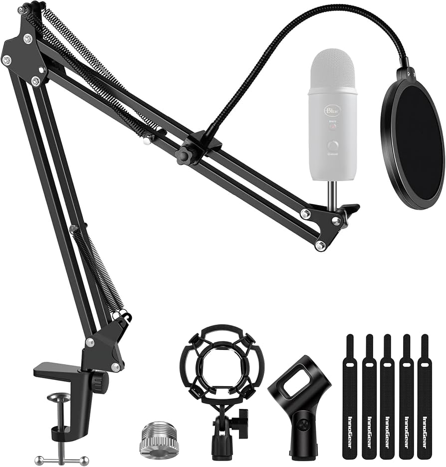 Brazo Articulado para Micrófono InnoGear MU059 | Compatible con Blue Yeti, HyperX QuadCast S, SoloCast, Snowball y Fifine K669B | Incluye Soporte Antivibración, Filtro Pop y Abrazadera de Mesa en Aleación de Zinc | Adaptador 3/8" a 5/8" | Capacidad de Carga 3.5 lb | Rotación 360°