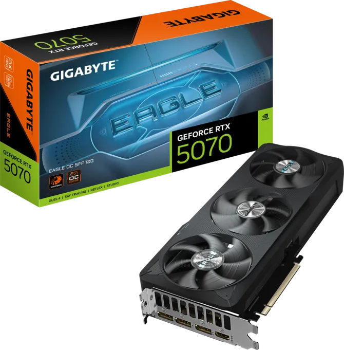 Tarjeta Gráfica GIGABYTE GeForce RTX 5070 EAGLE OC 12GD | Arquitectura NVIDIA Blackwell | 12GB de Memoria VRAM GDDR7 de 192-bit | Sistema de Enfriamiento WINDFORCE con Ventiladores de Giro Alternado | Placa Trasera Metálica de Refuerzo Protection Metal Back Plate | Conector PCIe 5.0 16-Pin 12V-2x6 | Salidas DisplayPort 2.1a y HDMI 2.1b