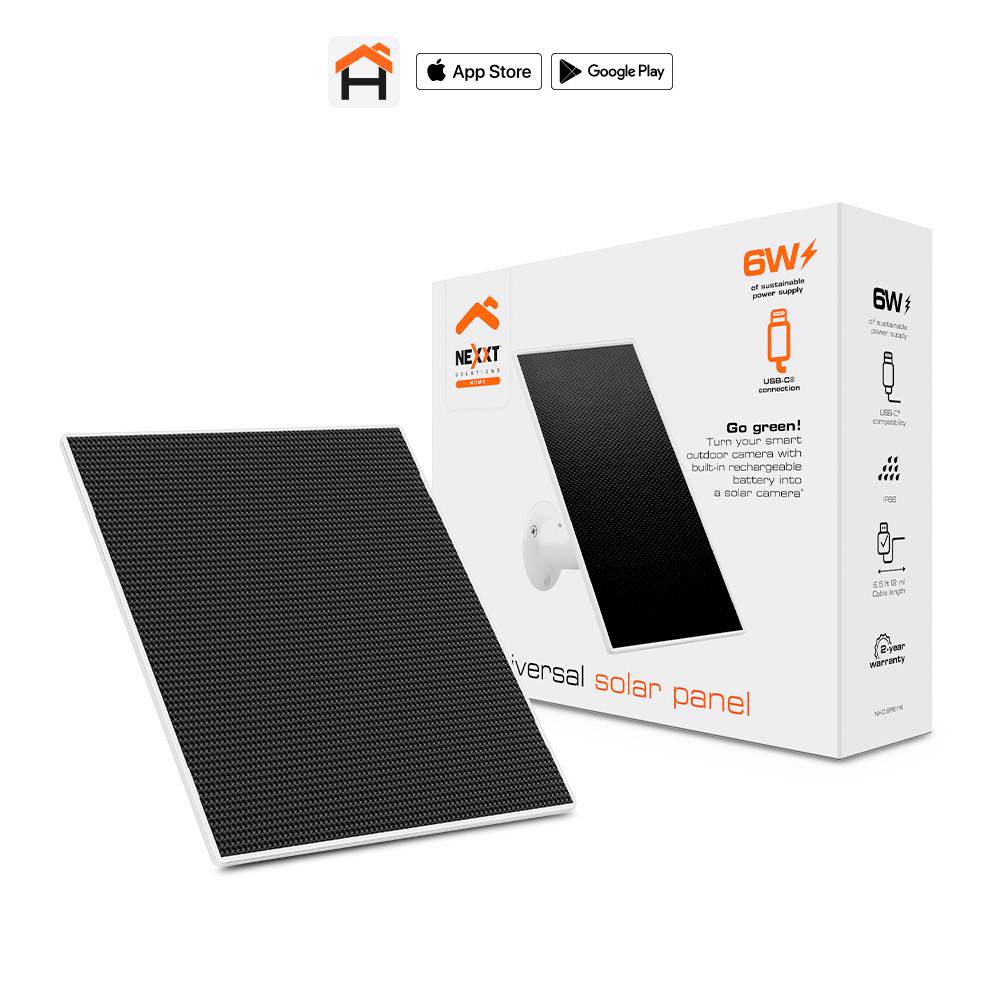 Panel Solar Universal Nexxt Solutions NHC-SP61W de 6W para Cámaras de Seguridad a Batería | Conector de Carga USB-C Universal | Cable Flexible Extendido de 6.5 Pies (2 Metros) | Soporte de Pared Articulado con Cabezal de Rótula Ajustable | Grado de Protección a la Intemperie IP66 | NHC-SP61W