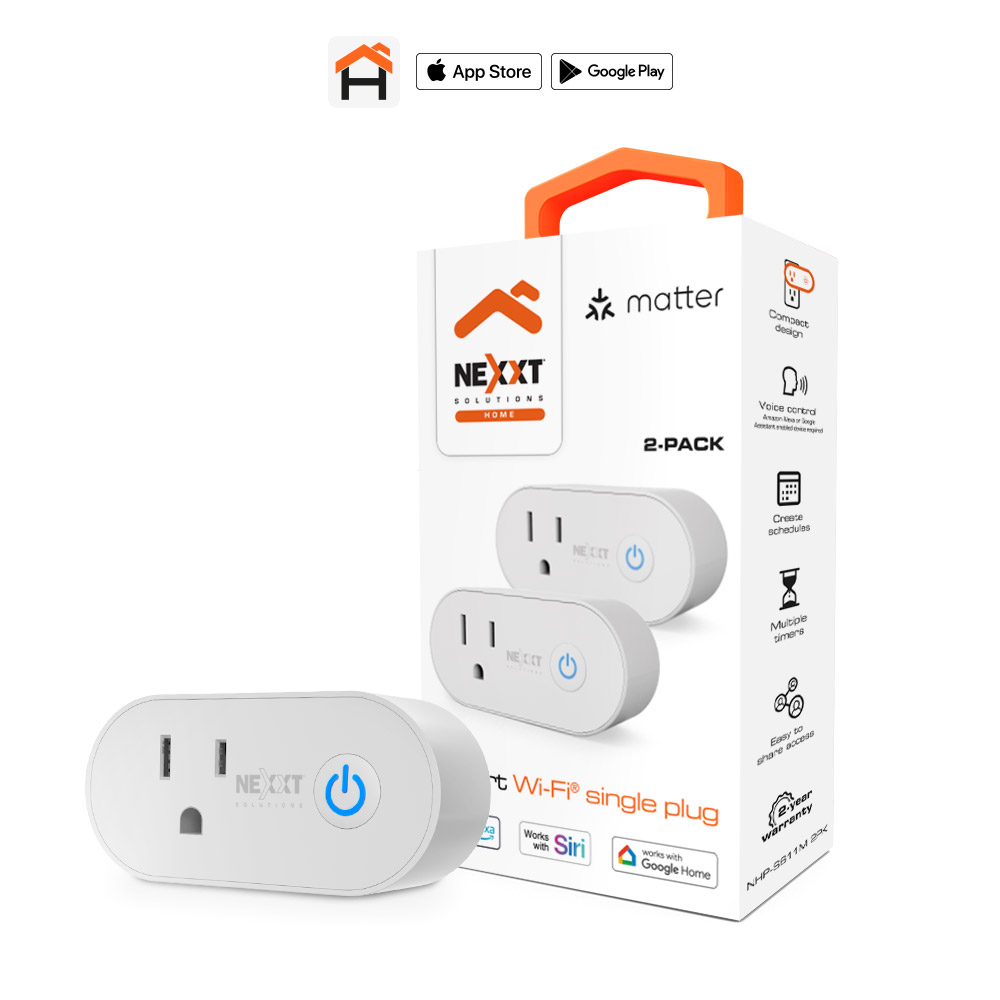 Enchufes Inteligentes Wi-Fi Nexxt Solutions NHP-S611M con Tecnología Matter | Paquete de 2 Unidades (2-Pack) | Compatibilidad Universal Multiplataforma con Apple HomeKit, Google Home, Amazon Alexa y SmartThings | Diseño Compacto de Perfil Bajo que No Bloquea Enchufes Adyacentes | Control por Voz, Temporizadores y Automatización | NHP-S611M 2PK / MM107NXT19