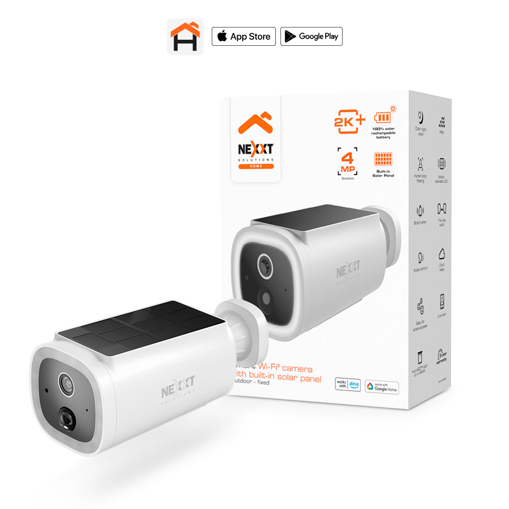 Cámara de Seguridad Exterior Wi-Fi Nexxt Solutions NHC-OF30S con Panel Solar Integrado | Resolución 2K+ (4MP) | Batería Recargable 100% Inalámbrica | Visión Nocturna a Color con Foco LED | Detección Avanzada de Movimiento | Audio Bidireccional | Clasificación de Intemperie IP65 | NHC-OF30S