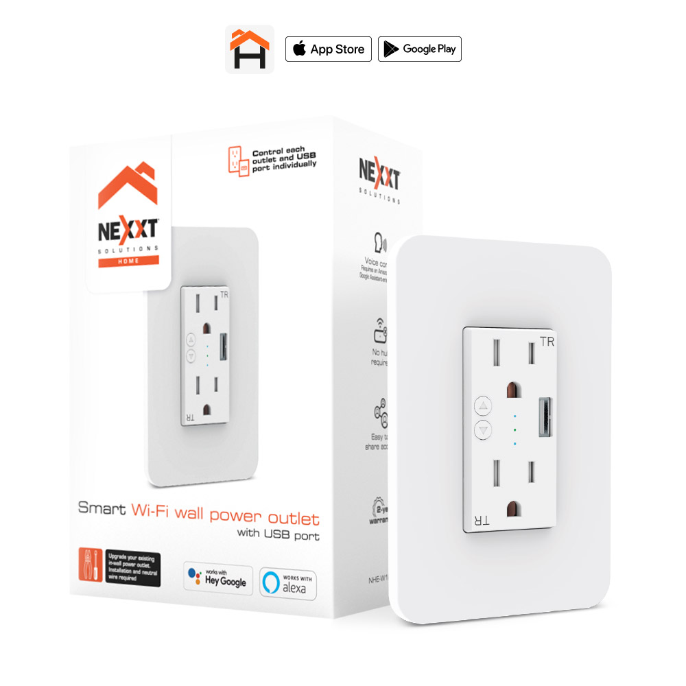 Tomacorriente de Pared Inteligente Wi-Fi Nexxt Solutions NHE-W100 para Empotrar | 2 Salidas AC Independientes Resistentes a Manipulación (Tamper-Resistant) + 1 Puerto USB Integrado | Control Individual o Simultáneo de Tomas | Botones Manuales Frontales con Indicador LED | Programación de Horarios y Temporizadores vía App Nexxt Home | Compatible con Hey Google y Amazon Alexa | NHE-W100