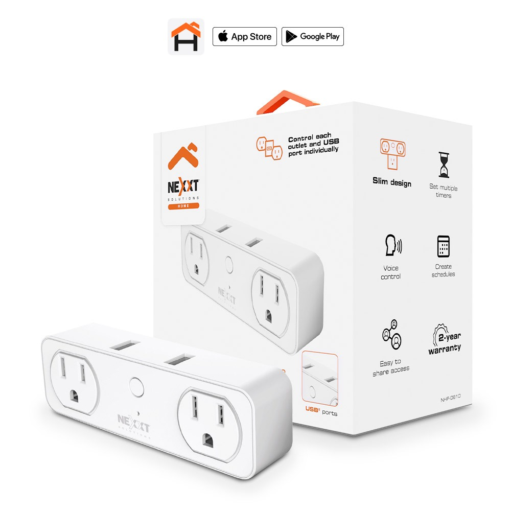Adaptador de Enchufe Inteligente Wi-Fi Nexxt Solutions NHP-D610 110V de Doble Salida AC + 2 Puertos de Carga USB | Control Individual de Receptáculos y Puertos USB | Diseño Estilizado Compacto de Perfil Delgado (Slim Design) | Programación de Horarios y Temporizadores vía App Nexxt Home | Compatible con Amazon Alexa y Google Assistant | NHP-D610