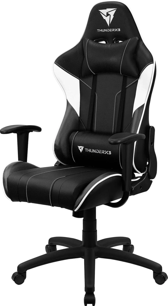Silla Gamer Ergonómica ThunderX3 EC3 Steel Base | Base de Acero Macizo de 350 mm | Tecnología AIR Tech Transpirable | Reclinación Plana de 180° y Mecanismo Basculante | Pistón de Gas Clase 4 (Soporta hasta 150 kg) | Cojines Lumbar y Cervical | Color Negro y Blanco | ThunderX3 EC3-BLACK-WHITE