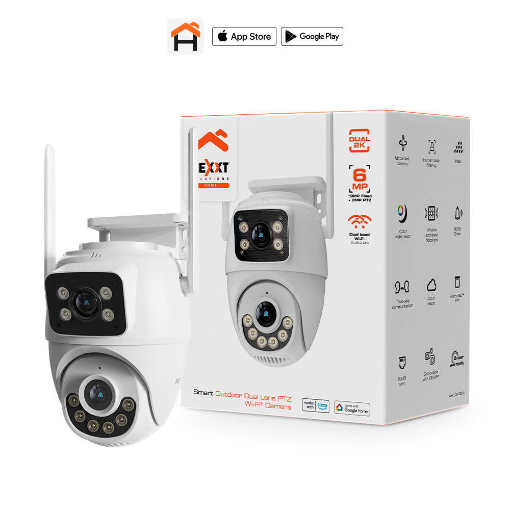 Cámara de Seguridad Exterior Wi-Fi Nexxt Solutions NHC-OP30DL de Doble Lente | Resolución 2K Quad HD (2304x1296) | Lente Fijo Panorámico Gran Angular y Lente Móvil PTZ con Seguimiento Inteligente | Visión Nocturna en Color con Focos LED Integrados | Audio Bidireccional y Sirena de Alarma | Clasificación de Intemperie IP65 | NHC-OP30DL
