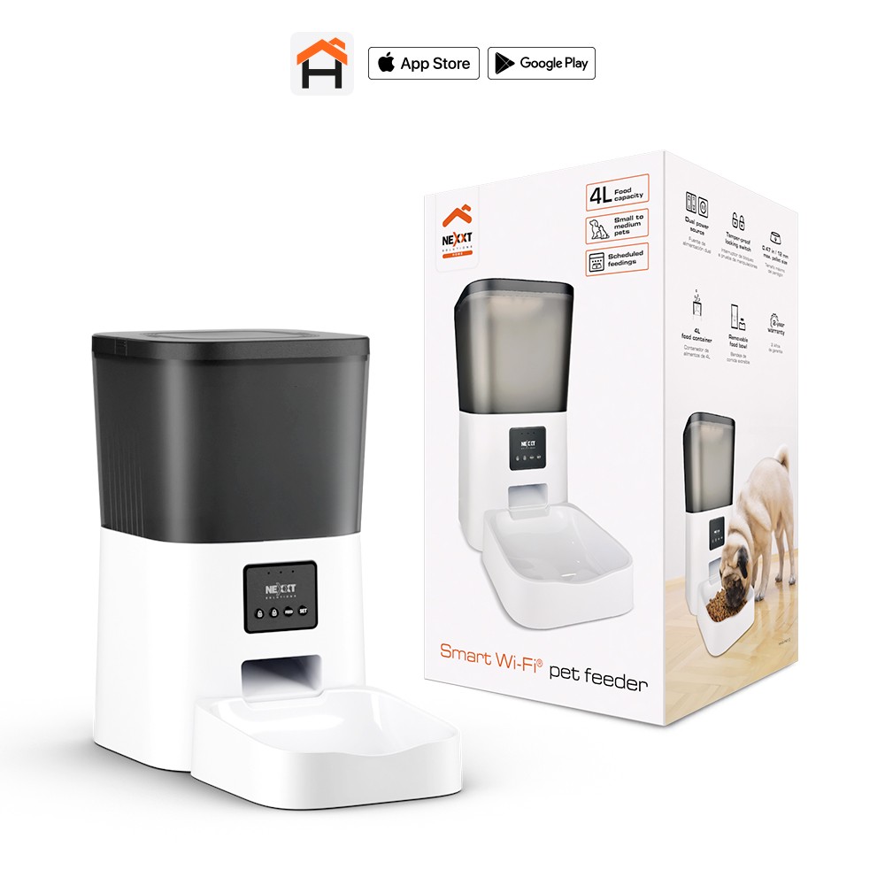 Dispensador de Comida Inteligente Wi-Fi Nexxt Solutions NHA-P410 para Mascotas | Capacidad de Tolva de 4 Litros | Panel de Control con Bloqueo Antimanipulación (Tamper-Proof) | Sistema de Alimentación Dual Red Eléctrica y Baterías de Respaldo | Programación de Porciones y Horarios vía App Nexxt Home | Compatible con Croquetas de hasta 12 mm | NHA-P410 / NHA-P410ST