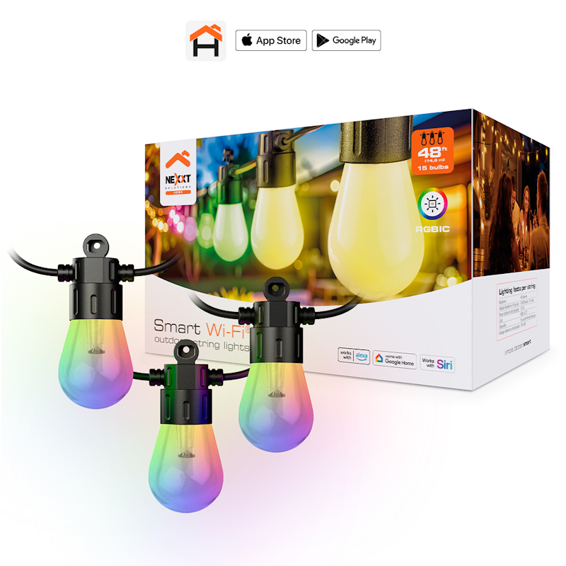 Guirnalda de Luces LED Inteligentes Nexxt NHB-O150 con Wi-Fi | Uso Exterior | Control Individual por Bombilla | Sincronización con Música | Colores y Efectos Personalizables por App o Voz | Compatible con Amazon Alexa y Google Assistant | App Nexxt Solutions Home